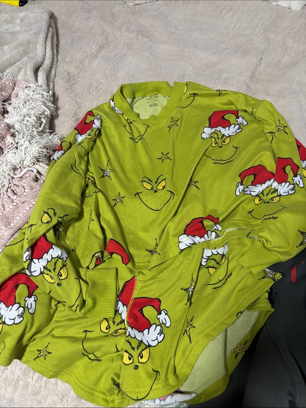 American Eagle Outfitters Green Grinch Print Pajama Top with Red Accents